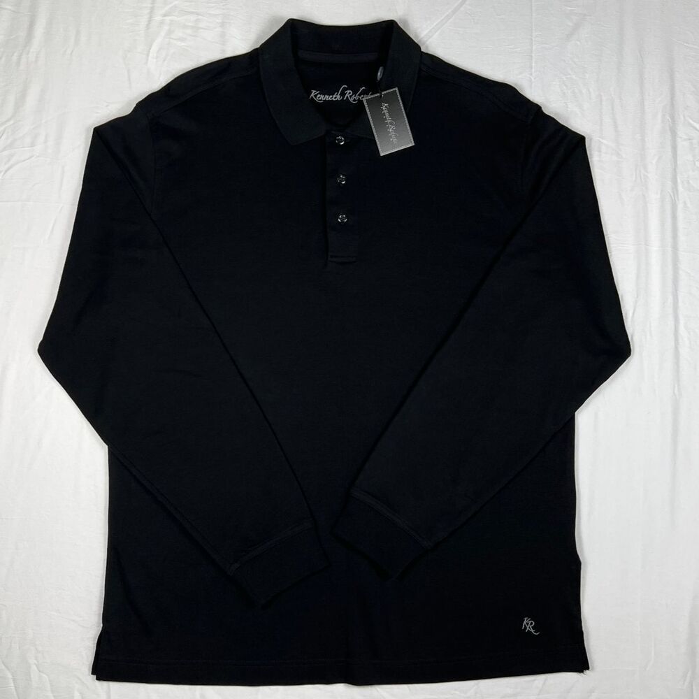Kenneth Roberts Shirt Mens Med Black Platinum Knit Polo Long Sleeve Collared NWT